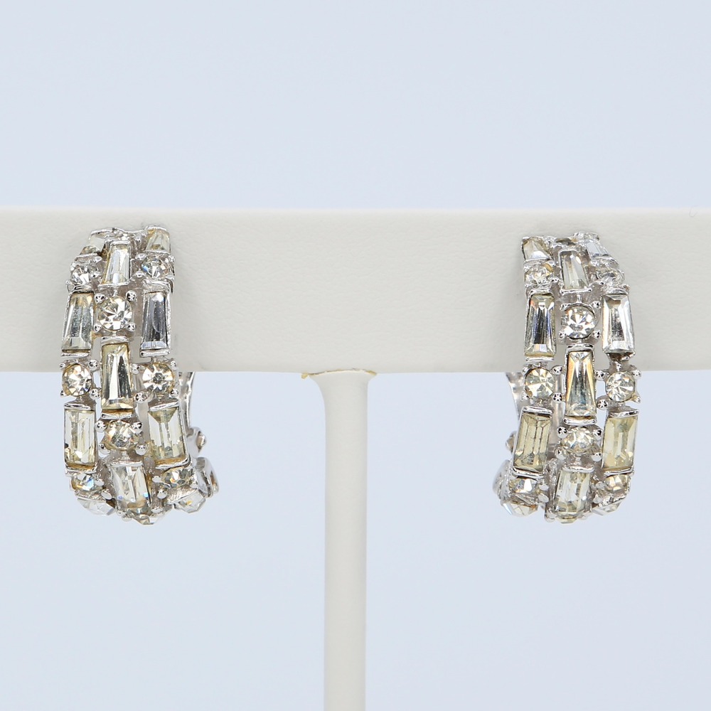 Vintage Boucher Phrygian Cap Rhodium Rhinestone Baguette Hoop Earrings 1940s